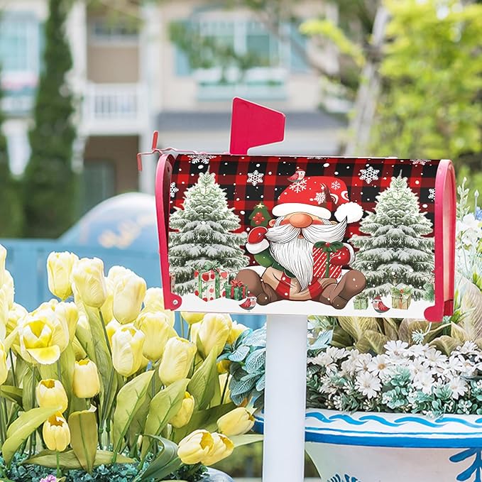 Christmas Mailbox Cover Magnetic Red Buffalo Plaid Gnome Mailbox Covers Magnetic Standard Size 21" X 25.5" Snowflake Mailbox Post Cover Letter Box Cover Home Garden Decor for Outside Decoration