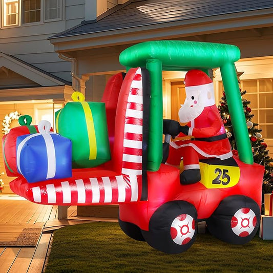 8FT Long Christmas Inflatables Decorations, Outdoor Santa Forklift Truck Decoration, Giant Blow Up with with Built-in LED Lights for Yard Garden Lawn Holiday Decor