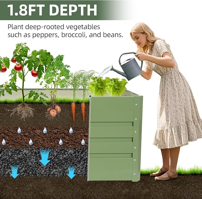 1MORE Raised Garden Bed- 8x2x1.8ft Planter Garden Boxes Outdoor, Raised Beds for Gardening, Large Metal Garden Bed Kit for Vegetables Flower, Deep Root Planter Raised Beds with Tools.Green