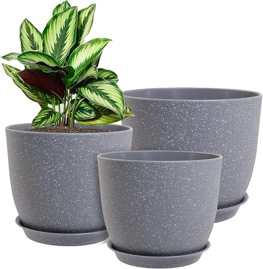 WOUSIWER Plant Pots 10/9/8 inch, Set of 3 Modern Decorative Plastic Planters with Drainage Holes and Saucers for House Plants Indoor Flowers Plants, Grey Speckles