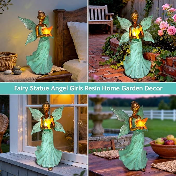 Solar Fairy Garden Statue Decor - Xmas Gifts for Women Mom Grandma Sister Christmas, 10 Inch Leaf Angel Girls Resin Home Decoration with Hummingbird LED Lights for Bedroom Balcony Outdoor Yard Patio