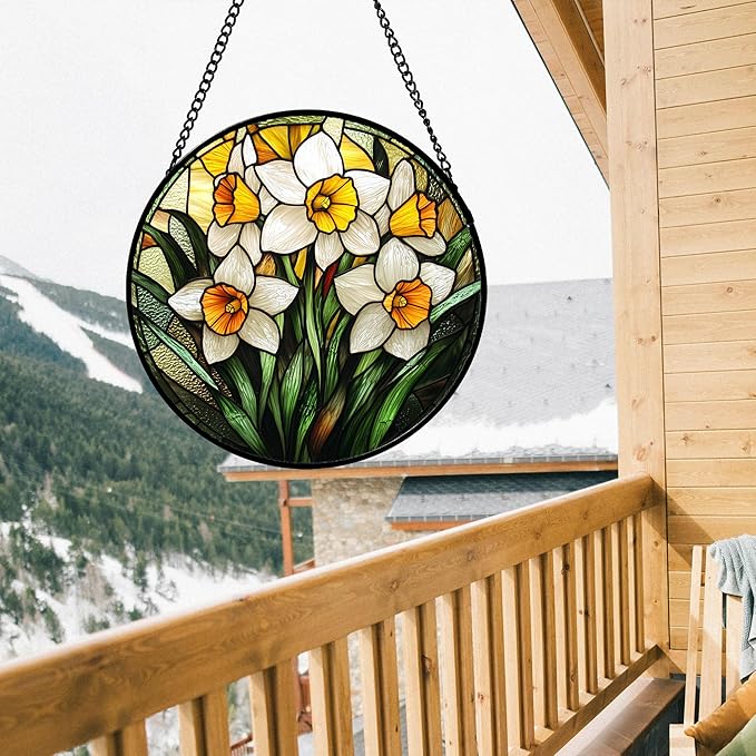 Stained Glass Window Hanging, Yellow and White Daffodils Sun Catcher for Door Home Decor Plants Flowers Suncatcher Christmas Mother's Day Birthday Gifts for Women Men Mom Nana 9.8 in