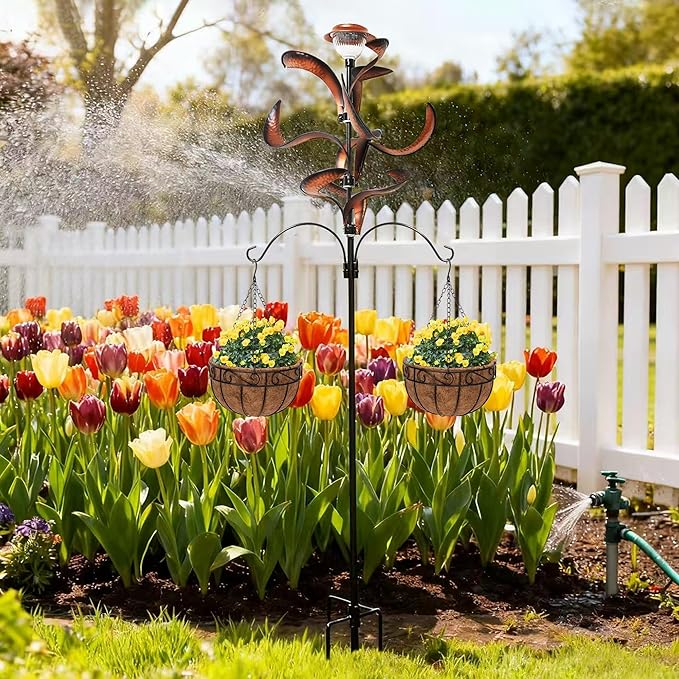 81" Metal Wind Spinner with Solar LED Light & Hanging Hooks - Rustic Copper Finish Kinetic Yard Art for Garden, Patio, Lawn - Outdoor Decor Stake