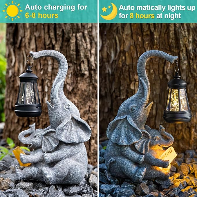 Solar Elephant Statue Lights Outdoor Garden Decoration, Elephant Statue with Solar Lantern Outdoor Decoration for Mother Women Birthday Gift-Courtyar Balcony Lawn Decor