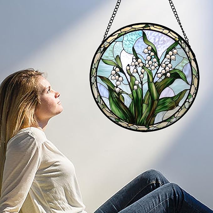 Stained Glass Window Hanging, White Green Lily of The Walley Flowers Sun Catcher for Door Home Decor Plants Suncatcher Christmas Mother's Day Birthday Gifts for Women Men Mom Nana 7.8 in