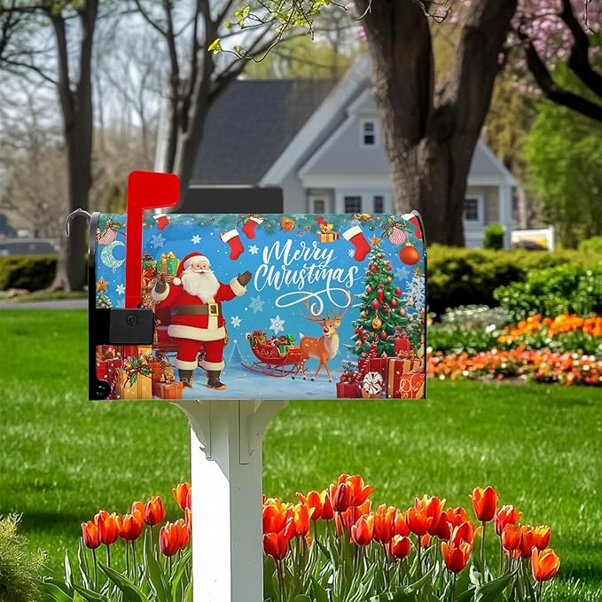 Merry Christmas Mailbox Covers Magnetic Father Christmas Mailbox Cover Santa Claus Mail Box Wraps Magnetic Standard Size 21x18 inch for Outside Garden Yard Xmas Tree
