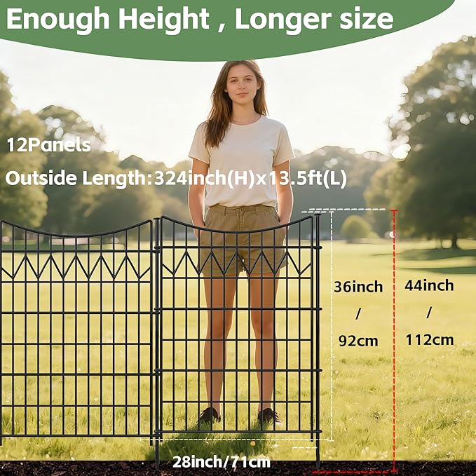 12 Panels Outdoor Dog Fence with gate, 36in(H)×27ft(L) Tall Decorative No Dig Fence | Rustproof Metal Fence Borders | Heavy Duty Reusable Defense Animal Barrier Fence for Yard, Patio, Black