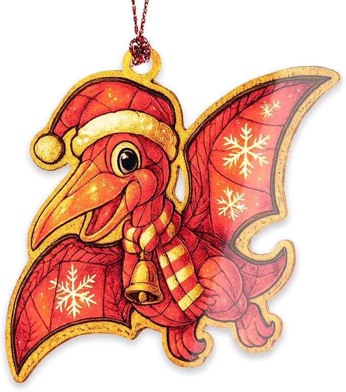 Pterodactyl Ornament – Cute Dinosaur – Flying Dino Decor – Kids Holiday Card – Christmas Dino Ornament – Suncatcher Effect Stained Glass Window Hanging – Car Hanging