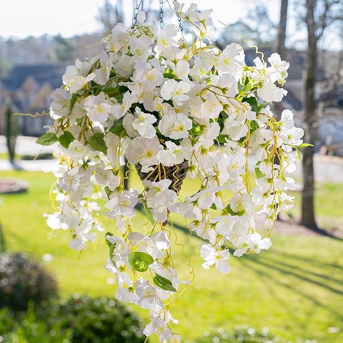 Artificial Hibiscus Fake Hanging Flowers Plants for Outdoor Spring Summer Decoration, 4pcs White Silk Hibiscus Long Trailing Vines UV Resistant Realistic Faux Flower for Outside Front Door Porch Patio