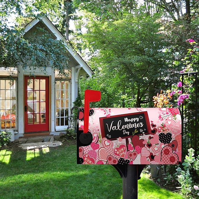 Happy Valentine's Day Mailbox Cover - Red Love Heart Magnetic Mailbox Cover - Floral Holiday Letter Post Box Wrap - Standard Size 18" X 21" for Garden Outdoor Yard Decor