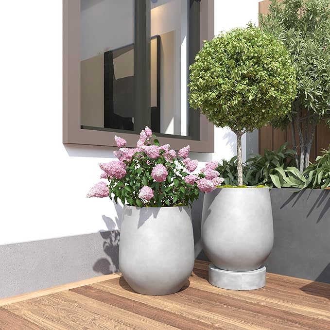DTY Signature Mount Wilson Lightweight and Durable Modern Fiberstone Tapered Planter for Indoor Outdoor Drainage Hole & Rubber Plug Weather Resistant,16.7" H x 15" Dia, 11.7" Opening - Medium, Gray