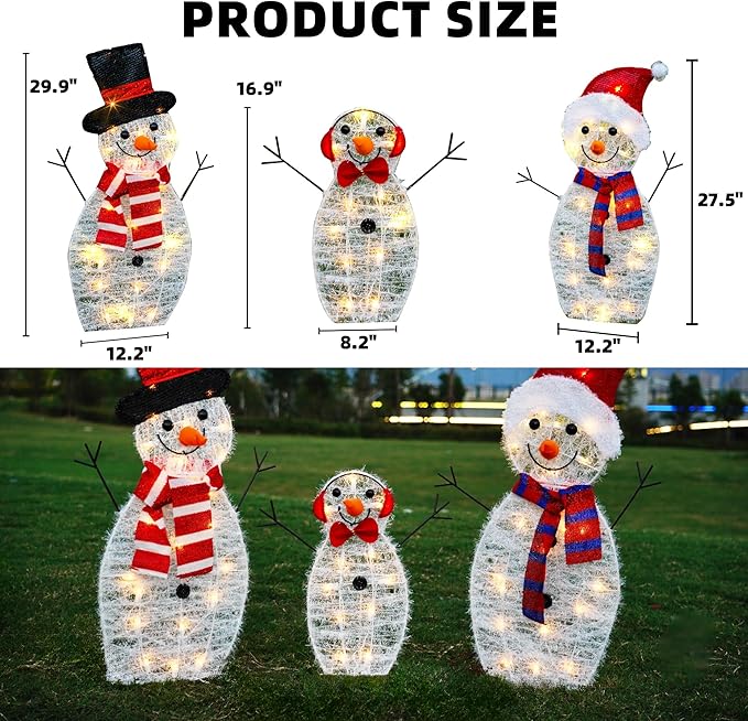 Dazzle Bright Christmas Lighted Snowman Family Outdoor Decoration, 55 L 3-Piece Waterproof Plug in 2D Snowman for Yard Patio Lawn Garden Party Decor 20.5X9X29.5Inch-Large (Warm White)