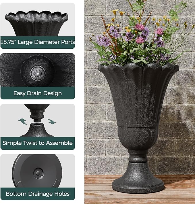 23.6" Tall Plastic Urn Planters for Outdoor Plants, Set of 2 Heavy-Duty Classic Indoor Large Flower Pots with Drainage Holes & Petal Design, Outdoor Planters for Porch, Home Garden, Black