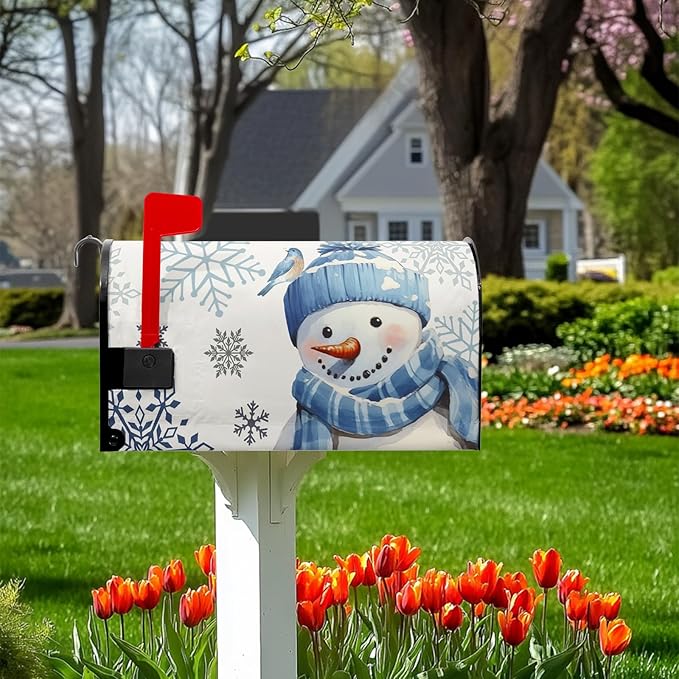 Winter Snowman Mailbox Cover Blue Bird Mailbox Covers Magnetic Snowflake Post Letter Box Cover Standard Size 21x18 inch for Garden Outdoor Yard Decor White