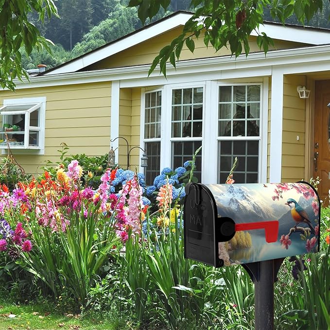 Spring Flowers Bird Mailbox Cover Magnetic Large Size 21x25.5 Inch Spring Mountain Lake Mailbox Covers Floral Rustic Seasonal Mailbox Wraps Oversized Post Letter Box Decor for Garden Yard