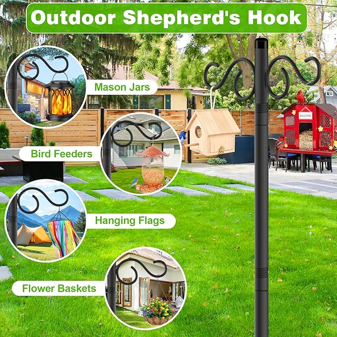 Double Shepherds Hooks for Outdoor,1 Pack 90 Inch Bird Feeder Pole with 5 Prongs Base,Heavy Duty Shepherds Hook,Suitable for Garden in Hanging Flower Basket,Lantern,Bird Nests (1 Pack 90 inch)
