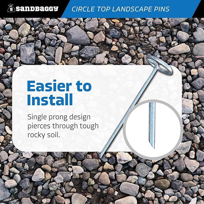 Sandbaggy 6-inch Circle Top Pins - Landscape Staples (Galvanized) - Garden Stakes for Landscaping, SOD - Heavy Duty Ground Stakes, Lawn Turf Spikes, Christmas Decorations, Weed Mats (50 Pins)