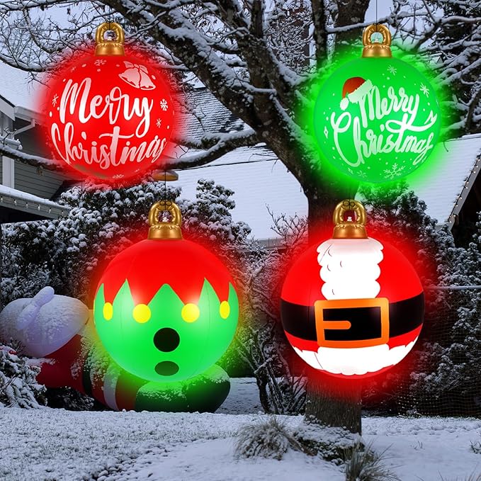 [Light up] Inflatable Ornaments Balls Outdoor 4Pcs: Flashes in Red | Green | Blue and Timer, 24 Inch Giant Christmas Inflatable Ornaments, Reusable PVC - Blow Up Ornament Balls for Yard, Porch, Party