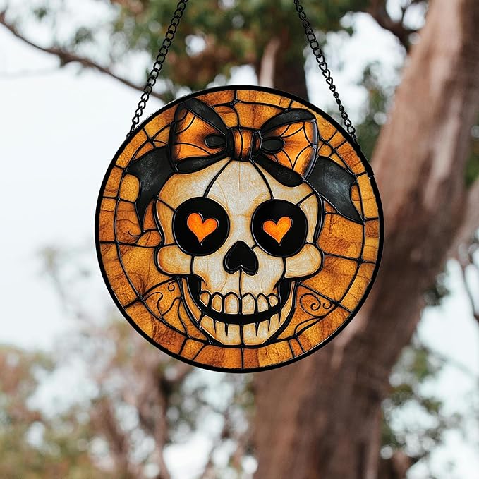Stained Glass Window Hanging 4 Pcs Set Ghost Pumpkin bat Gothic Decor 6.3" - Horror Halloween Suncatcher Door Garden Sun Catcher Birthday White Elephant Gifts for Mom Woman Men Friend
