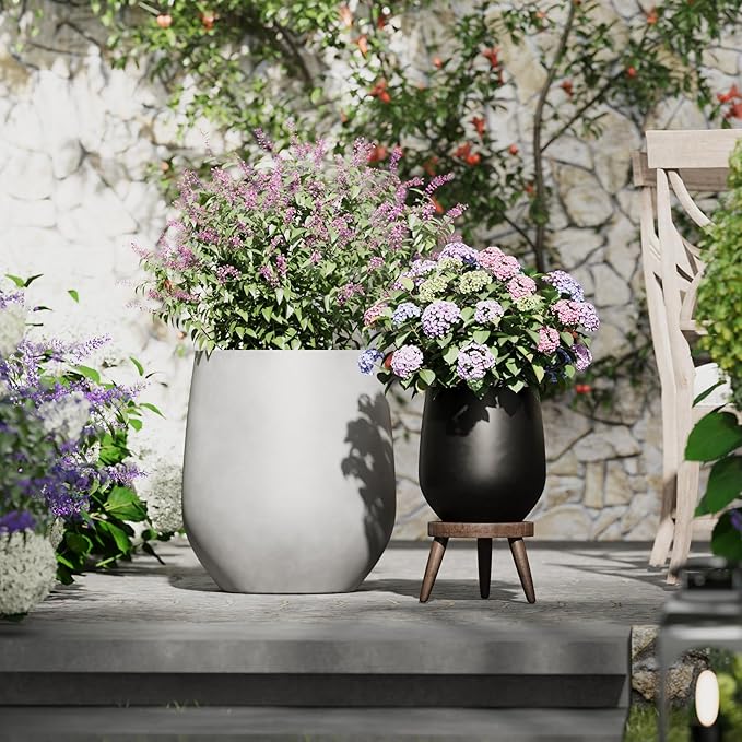 DTY Signature Mount Wilson Lightweight and Durable Modern Fiberstone Tapered Planter for Indoor Outdoor Drainage Hole & Rubber Plug Weather Resistant, 11.8" H x 11" Dia (8" Opening) - Small, Black