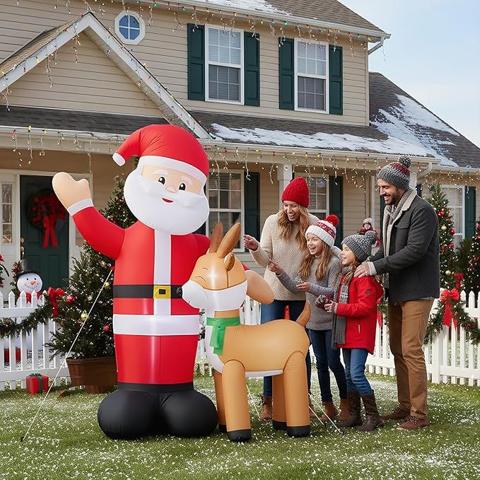VINGLI 6ft Christmas Santa with Reindeer Inflatable, Inflatable Waving Santa Claus Reindeer Outdoor Decoration with LED Lights,Xmas Blow ups for Lawn, Garden, Holiday Decor