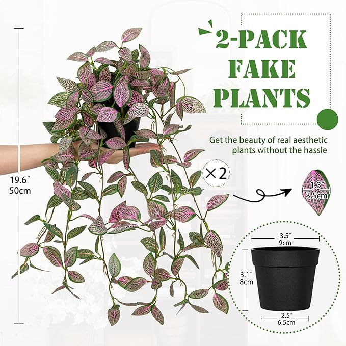 2 Pack Fake Hanging Plants for Shelf in Back Pot, Small Artificial Hanging Ivy Vine Plants Indoor Fake Potted Greenery Plant for Room Bathroom Kitchen Wall End Table Mimi Faux Nerve Plant Set Decor