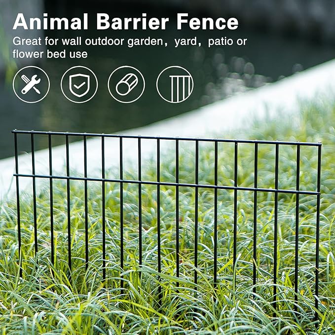 Adavin Small or Medium Animal Barrier Fence 10 Pack 24 in(L) X 15 in(H) Underground Decorative Garden Fencing, Dog Rabbits Fences Black Metal Fence Panel Ground Stakes for Outdoor Patio. Total 20 Ft