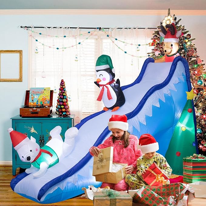 8.2 FT Tall Inflatable Christmas Decorations - Christmas Inflatables Outdoor Decorations, Penguin Holiday Spirit Inflatable Slide with LED Light Blow Up Yard Decorations