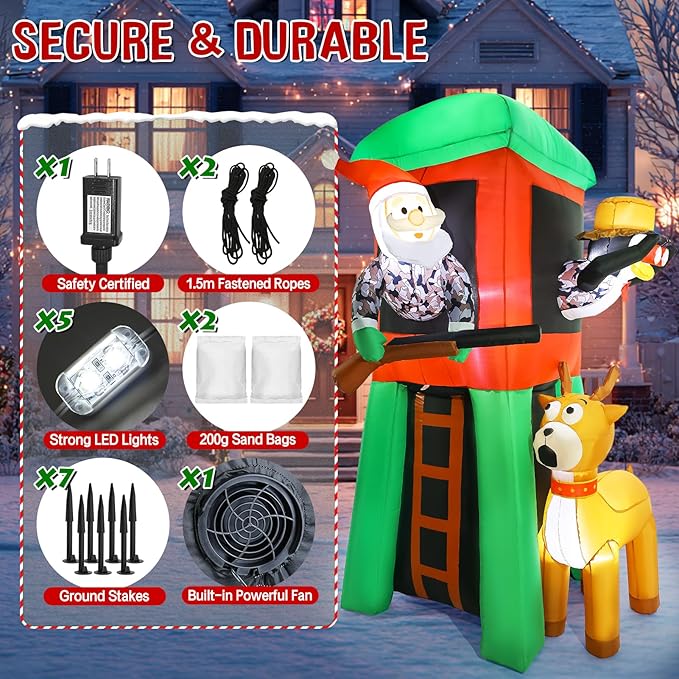 Christmas Inflatable Outdoor Decorations, 7FT Inflatables Camouflage Santa Claus Deer Hunter Yard Decor with Penguin, LED Lights Blow up Giant Reindeer for Holiday Indoor Outside Lawn Garden