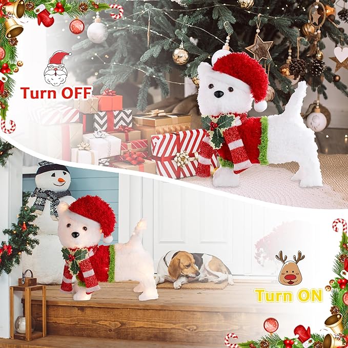 Christmas Lighted Dog Decoration Pre-lit 3D Glittered Fluffy Puppy Battery Operated Lighted Up Standing Ornament Outdoor Indoor Christmas Decoration for Home Lawn Yard Garden Display