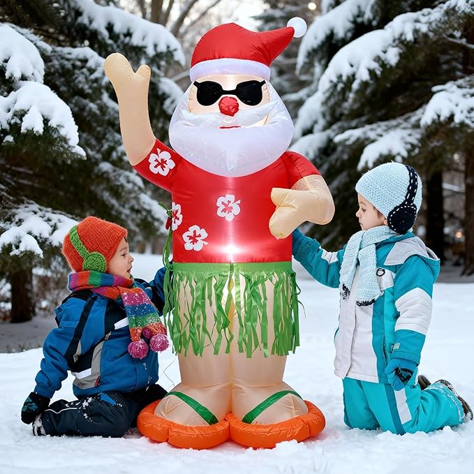 4FT Christmas Inflatable Santa Claus Holiday Decoration,Fun Xmas Santa Blow up Decor for Indoor Outdoor Yard Garden Lawn Party, Hawaii Theme Santa Wear Colorful Shirt Cool Sunglasses