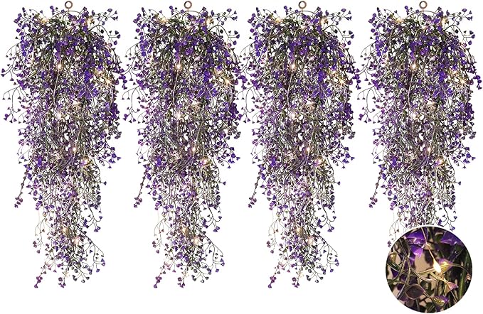 RECUTMS Artificial Hanging Plant 4 Pack Fake Fern with LED Lights Ivy Vines 2.5ft Faux Hanging Greenery Vine for Home Garden Wall Office Wedding Party Decoration (Purple)