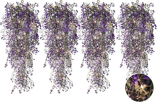 RECUTMS Artificial Hanging Plant 4 Pack Fake Fern with LED Lights Ivy Vines 2.5ft Faux Hanging Greenery Vine for Home Garden Wall Office Wedding Party Decoration (Purple)