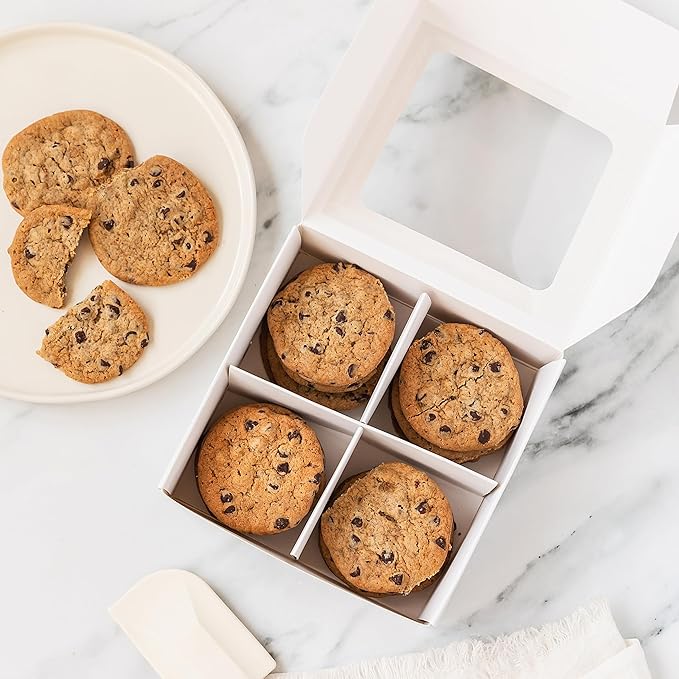 25 pcs Black Mini Cookie Boxes for 4 treats with Window and Dividers, Bakery Boxes, 6 x 6 x 2.4 Inches SMALL Baking Boxes, Square Cookies Box Decorating Supplies for Gift Giving