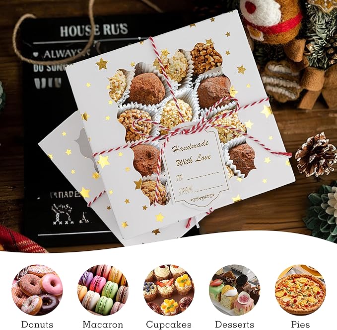 24 Pack 6X6X3 Christmas Cookie Boxes with Window,Gift Giving Gold Foil Star White Bakery Boxes for Mini Cake Pastry,Dessert Cupcakes,Candy Donut Packaging.