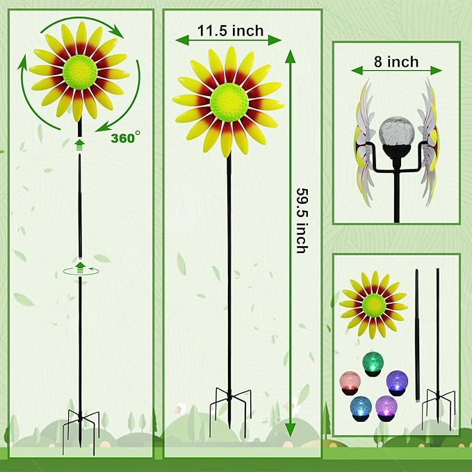 Decorative Metal Garden Daisy-Style Rotator, Decorative Garden Post, Daisy-Style Sculpture Courtyard. Outdoor Courtyard Art. (Yellow)