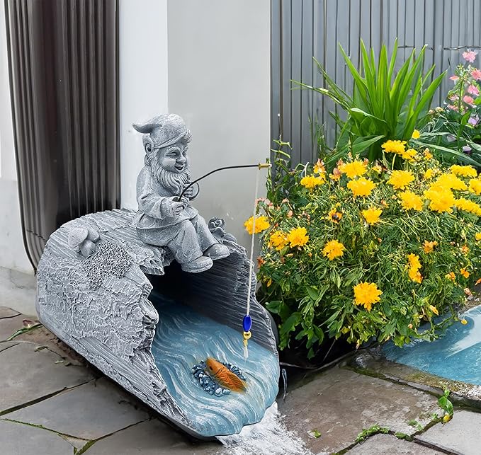 Gnome Fishing 3"x4" Decorative Gutter Extension, Outdoor Decor Sculpture - Garden Statue & Gutter Downspout Splash Block, Whimsical Gutter Diverter Rain, for Garden Collectors