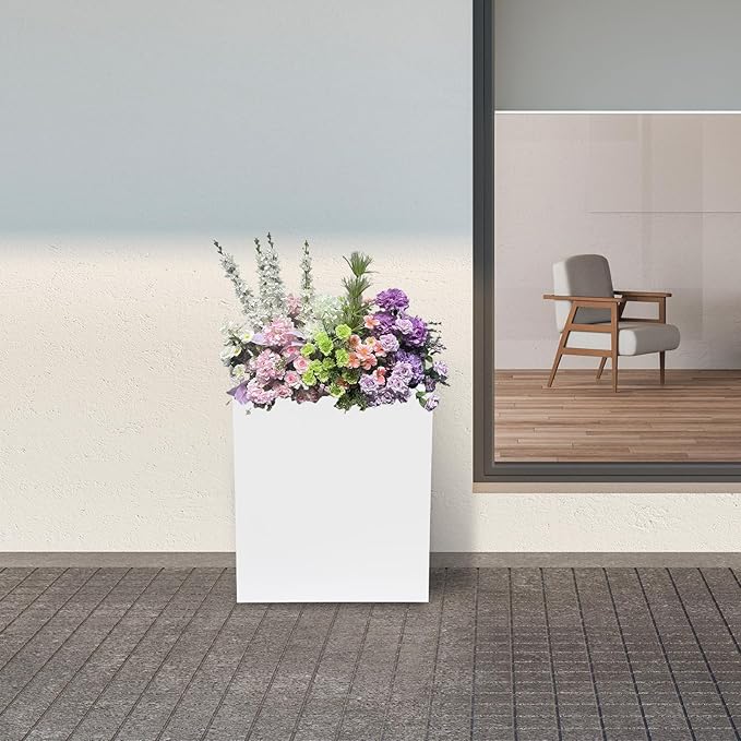 Metallic Heavy Planter Box, Large Metal Planter with Removable Insert Shelf for Outdoor/Indoor, Tall Trees, Plants, Flowers, Easy Assembly (White, 18 * 18 * 20inch)