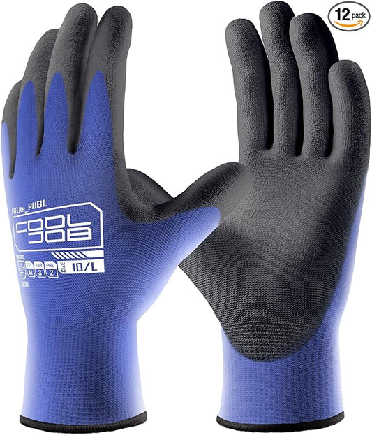 COOLJOB 12/60 Pairs Safety Work Gloves Pack Bulk with Grip PU Coating, 13 Gauge Seamless Knit Gloves with Polyurethane Dipped for Warehouse Working, Breathable Lightweight for Men Women, Blue Xlarge