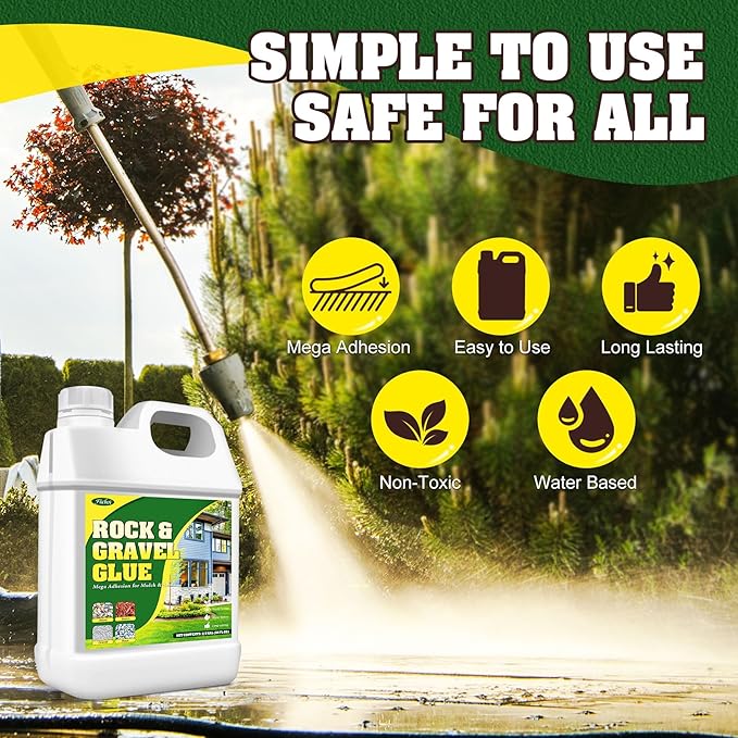 Rock Glue, Mulch Glue 1 Gallon / 128oz - Fast Drying and Long Lasting Pea Gravel Stabilizer & Mulch Adhesive Safe for Lockdown Sticky Rocks, Bark, Rubber - Gravel Binder for Garden, Driveway, Walkway