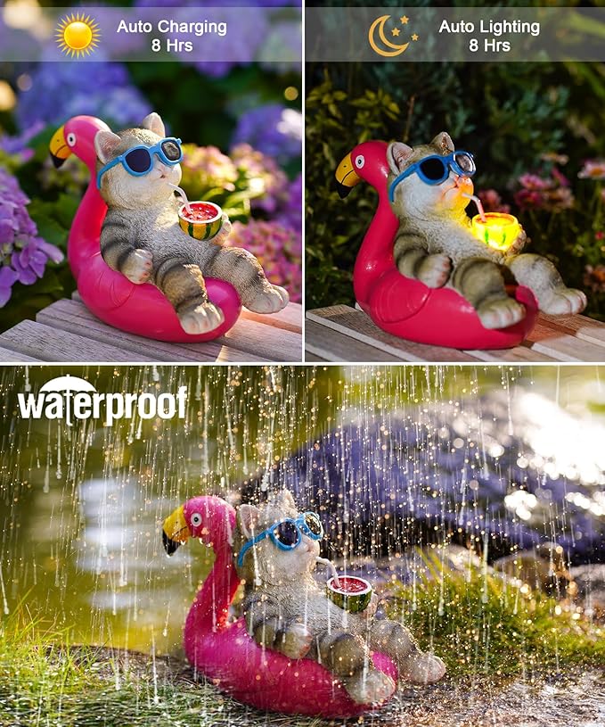 Nacome Cat Lying Flamingo for Garden Statue: Solar Outdoor Decor Figurine for Clearance Outside Lawn Ornaments Porch Patio Balcony – Gifts for Grandma Mom