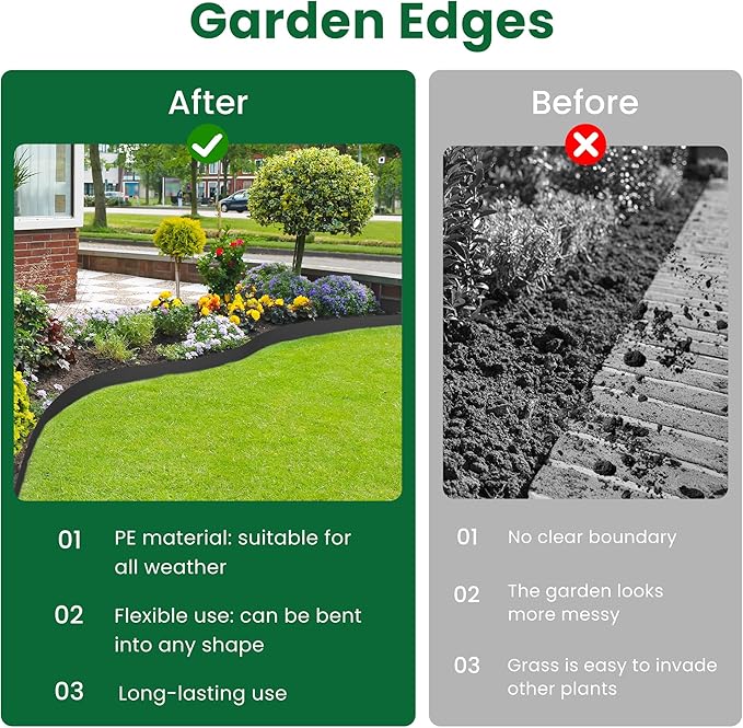 Landscape Edging, 33' 4" Tall Garden Edging with Scissors, Lawn Edging with 30 Garden Spikes and 2 Connectors, Heavy Duty PP&PE Material Edging for Landscaping, Garden, Lawn, Black