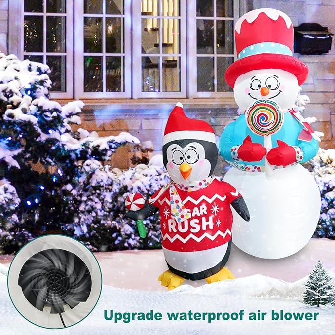 6FT Inflatable Christmas Snowman Decorations Blow Up Penguin Lollipop Outdoor Xmas Decor Inflate Cute Santa with LED Light for Indoor Outside Yard Garden Lawn Porch Patio Holiday Party