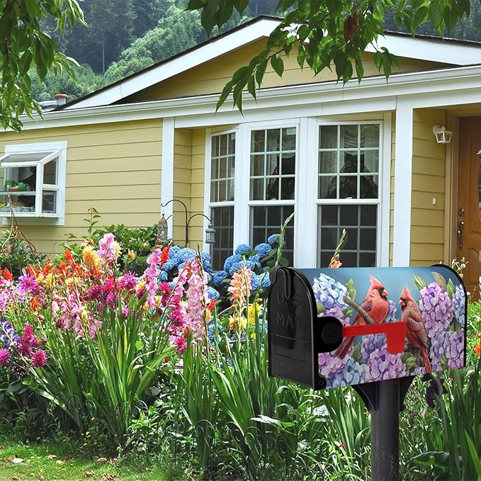 Spring Mailbox Covers Magnetic Oversized Cardinal Hydrangea Mailbox Post Cover Summer Flowers Bird Mailbox Wrap Colorful Floral Mailboxs Waterproof for Garden Yard Large Size 25.5x21 Inch