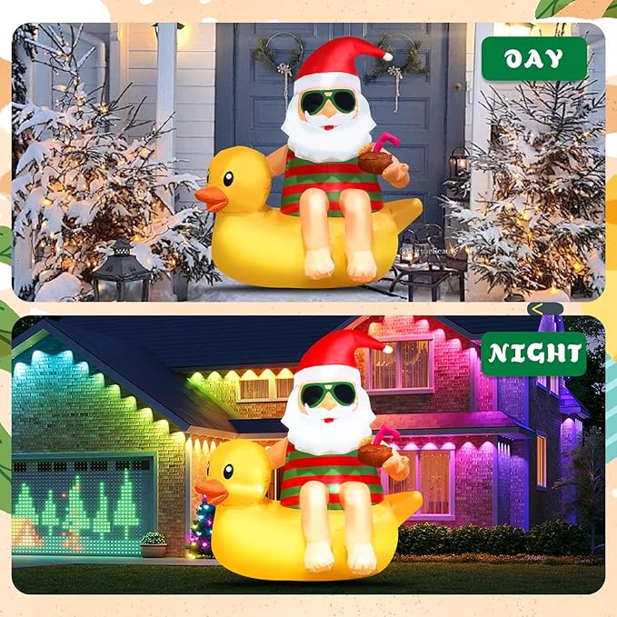 Christmas Inflatable Outdoor Decoration Blow Up 4.5ft Hawaii Santa take Coco Drink Inflate Xmas Decor Cute Blow Up Duck Santa Claus with LED for Outside Yard Garden Lawn Party Decor