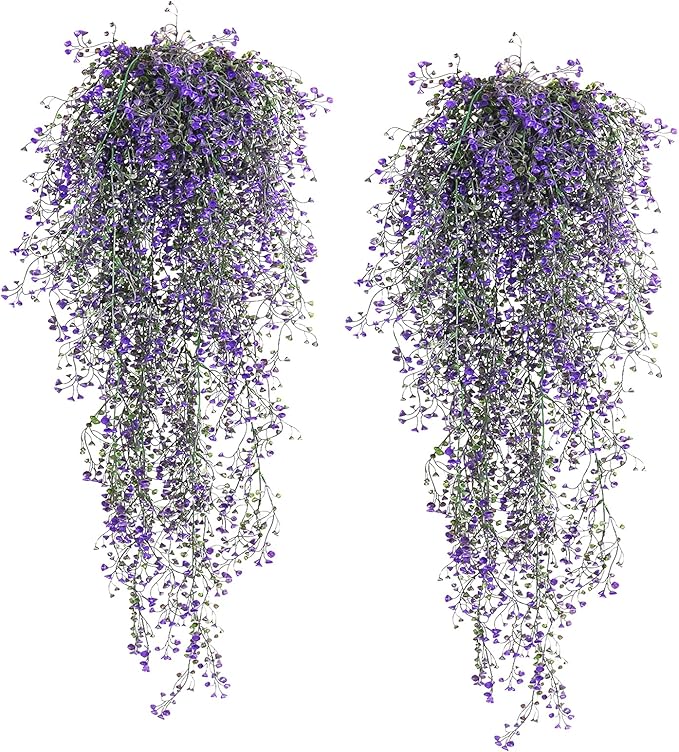RECUTMS Artificial Vine Plants 2 Pack Fake Hanging Flower Plants Faux Ivy Vine Leaves Plastic Baby Breath Greenery UV Resistant for Home Bedroom Wall Porch Garden Wedding Decor (Purple)