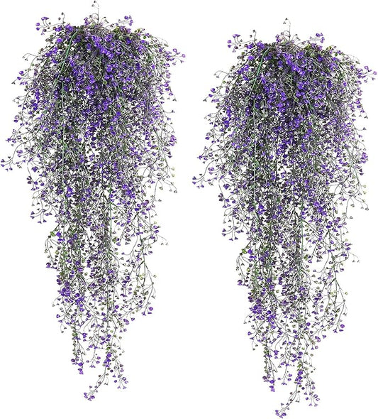 RECUTMS Artificial Vine Plants 2 Pack Fake Hanging Flower Plants Faux Ivy Vine Leaves Plastic Baby Breath Greenery UV Resistant for Home Bedroom Wall Porch Garden Wedding Decor (Purple)
