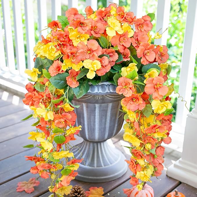 Artificial Hibiscus Fake Hanging Flowers Plants for Outdoors Fall Autumn Decoration, 4pcs Silk Hibiscus Trailing Vines UV Resistant Realistic Faux Flowers for Outside Front Door Porch Yard Indoor, Mix