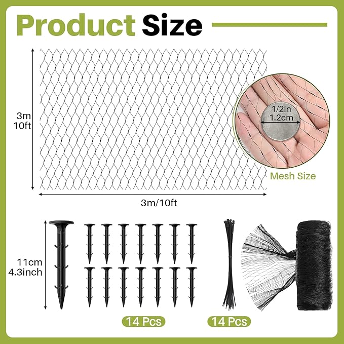 Koi Pond Netting Kit 10 x 10ft, Bird Deer Fence Netting, Durable Net Cover for Leaves, Heavy Duty Fine Mesh, Protect Fish from Blue Heron Birds, Cats & Predators, 14pcs Stakes & Ties Included