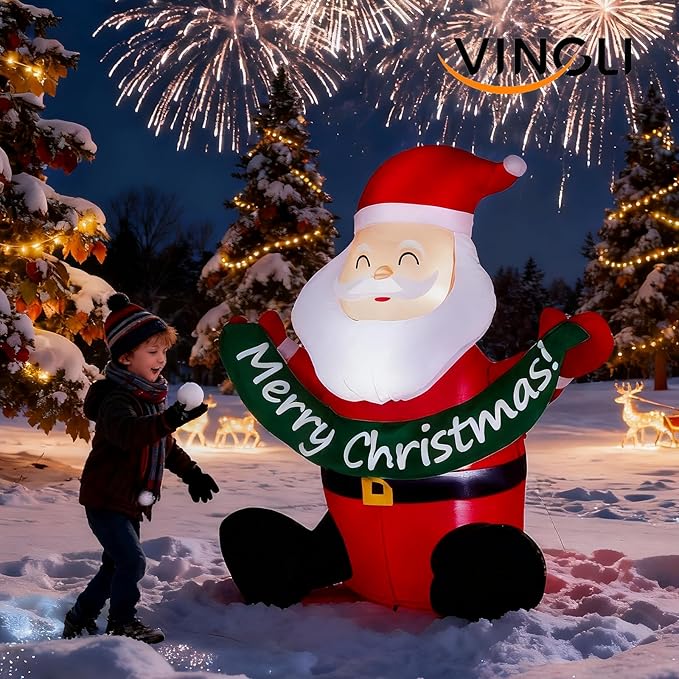 VINGLI 5.8ft Cute Santa Claus Inflatable, Inflatable Santa Holding Banner Christmas Blow ups Yard Decoration, Outdoor Inflatables with LED Lights for Outdoor, Lawn, Garden, Xmas Holiday Decor